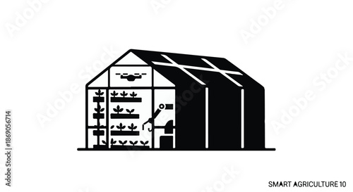 Smart greenhouse facility with automated irrigation and monitoring systems illustrated as a technical icon isolated on a white background for agricultural technology industry business reports.
