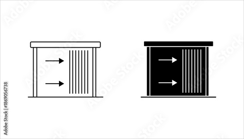 Automatic Sliding Door Line Icon set. Outline icon of an automatic sliding door with arrows, representing entrance, access, automation, security,