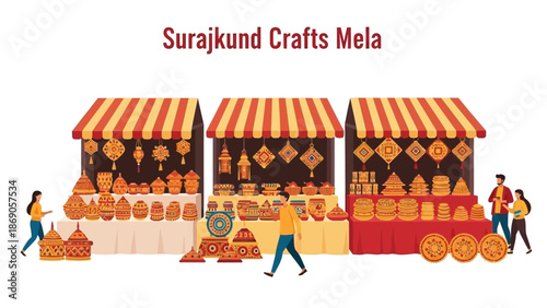 Vector illustration of a vibrant market scene with people shopping at colorful stalls during the Surajkund Crafts Mela in India.