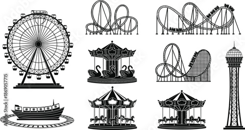 Amusement park rides silhouette set featuring ferris wheel roller coaster carousel tower and fairground attractions in detailed black outline illustration