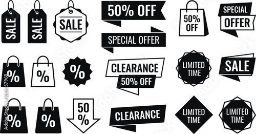 Black and white sale discount icons set with tags badges bags ribbons percentage offers for retail marketing vector design use
