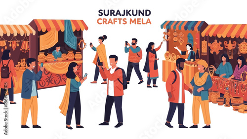 Vector illustration of people shopping and socializing at the Surajkund Crafts Mela in India with vibrant stalls and colorful fabrics on display.