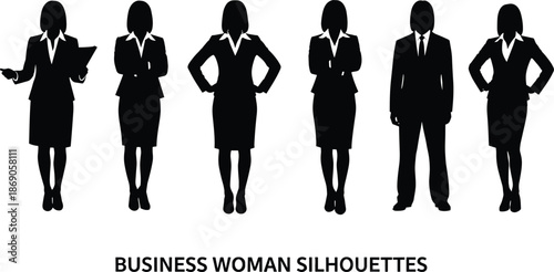 Business woman silhouettes set showing professional female executives in formal suits standing confidently isolated on white background corporate leadership concept