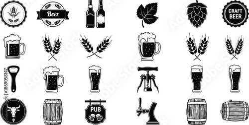 Craft beer icon collection featuring bottles mugs hops wheat barrels and pub symbols in vintage black vector illustration set