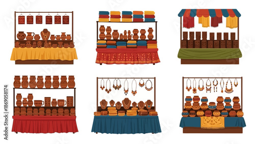 Vector illustration of colorful craft stalls at Surajkund Mela in India, showcasing various handmade items on display.