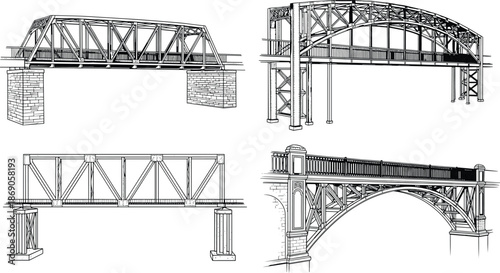 Detailed technical line illustration set of truss and arch bridge designs showing classic civil engineering structures in black and white