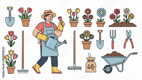 Gardener watering plants with gardening tools and flowers.