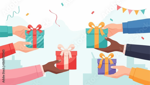 Hands exchanging colorful gift boxes with ribbons and bows.