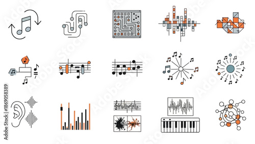 Music Notes and Sound Wave Icons Set.
