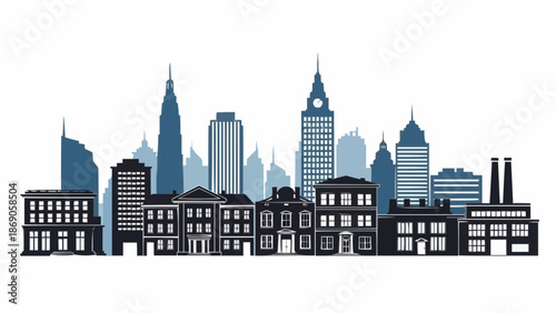 Modern Cityscape Skyline with Tall Buildings and Factories.
