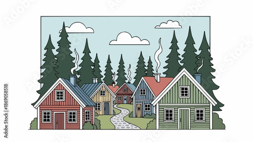 Charming village nestled amongst tall evergreen trees under a cloudy sky.