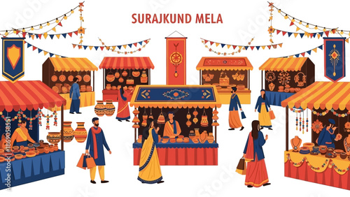 Vibrant illustration of people shopping at colorful stalls with traditional Indian crafts and food at Surajkund Mela in India.