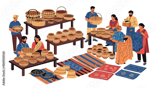 Vector illustration of people showcasing and selling traditional Indian crafts and textiles at Surajkund Mela, with colorful rugs and woven baskets on display in a lively outdoor setting.