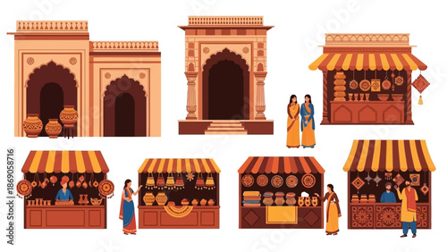 Vector illustration of a vibrant Surajkund Mela market scene in India, featuring traditional crafts stalls and architecture with people.