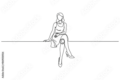 Continuous Line Drawing of an Elegant Woman Sitting on a Ledge in a Dress and High Heels