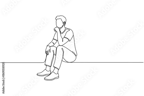Continuous Line Drawing of a Young Man Sitting and Thinking