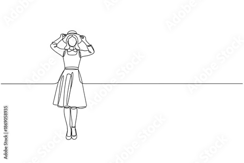 Continuous Line Drawing of Woman in Summer Dress and Hat, Full Length with Copy Space