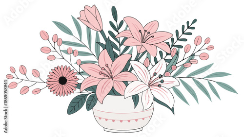 Elegant Pink Floral Bouquet Vector Illustration in Vase