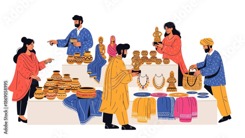 Vector illustration of people shopping and selling traditional Indian crafts at Surajkund Mela, showcasing vibrant textiles and jewelry in a lively atmosphere.