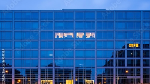 Modern Glass Office Building Facade Reflecting City Lights at Dusk