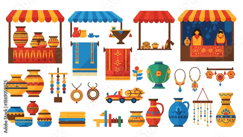 Vector illustration of colorful Indian crafts and goods on display at Surajkund Mela, featuring pottery, jewelry, and textiles in a vibrant market setting.