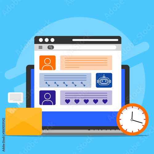 Digital communication and service management platform concept. Showing customer profiles, automated support, chatbot integration, messaging dashboard, and scheduling tools on a modern laptop interface