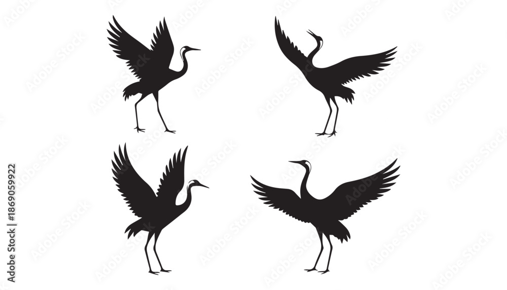 Fototapeta premium black color Cranes birds set of silhouette vector illustration, solid white background