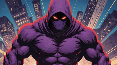 The mysterious hooded figure with glowing red eyes emerges in a vibrant futuristic city