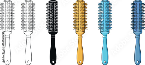 Round hairbrush icons set illustrating hairstyling tools, salon equipment, blow dry accessories, grooming products, and professional hair care concepts