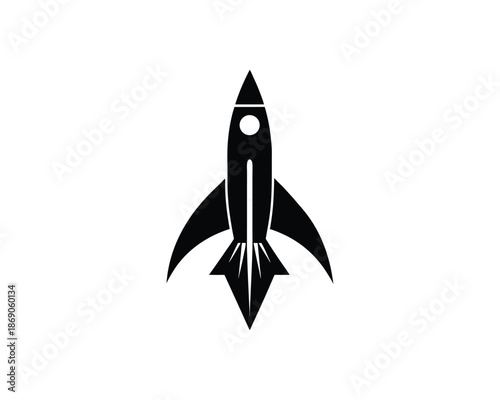 Black silhouette of a stylized rocket ship with upward thrust on a white background spaceship space