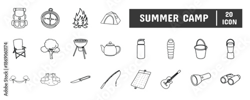 20 Summer Camp Line Icon Illustration Set