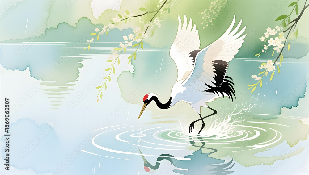 Obraz premium Red-crowned crane playing in the warm spring river