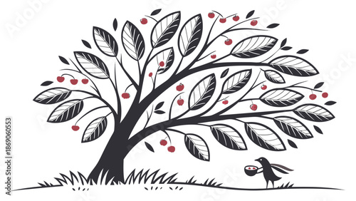 Simple Black Vector Icon of a Little Clove and Berry Tree, Minimalist Nature Graphic for Branding