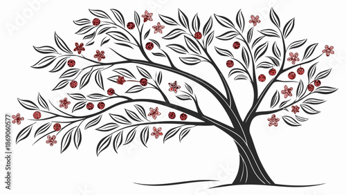 Decorative Botanical Mini Tree Featuring Clove Buds and Round Berries, Black Vector Art for Menus
