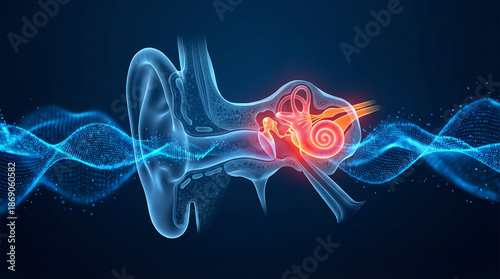 3D illustration of a human ear anatomy highlighting the cochlea and auditory nerve with sound waves transmitting through the ear canal in a digital blue and orange color scheme