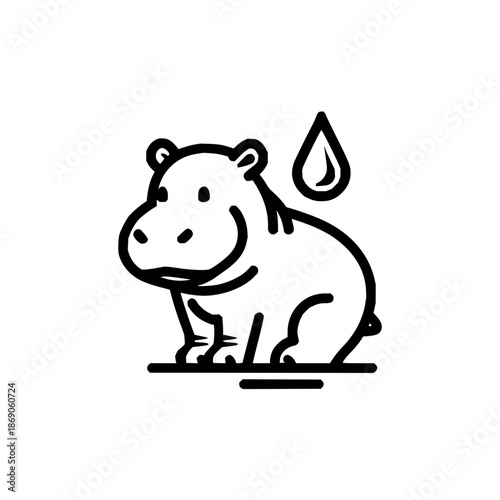 A charming hippo illustration with a water drop accent in a minimalist black and white design style