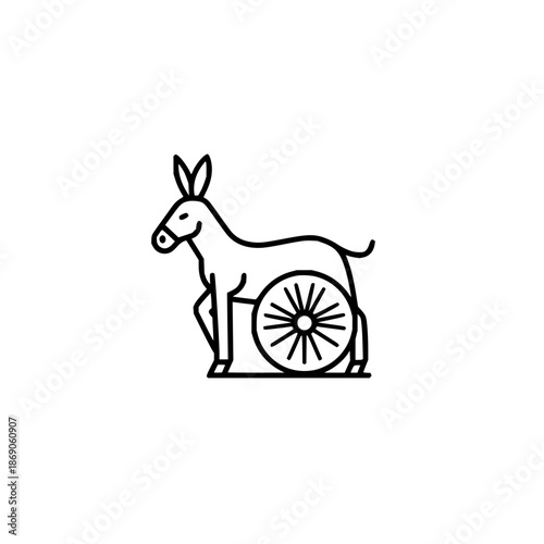A simple line drawing of a donkey with a wheel attached to its body on a white background scene