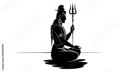 Black Silhouette of Lord Shiva in Meditation Pose Holding Trishul, Serene Hindu God Mahadev Vector Illustration, Spiritual Yoga Icon for Religious Designs, Maha Shivratri Symbol