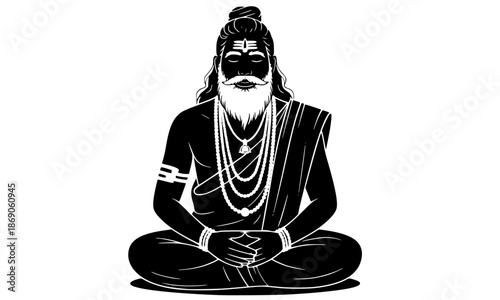 Meditating Indian Sadhu or Yogi silhouette, Hindu spiritual man in lotus pose vector illustration, yoga and meditation concept, religious ascetic figure isolated on white background, Guru portrait
