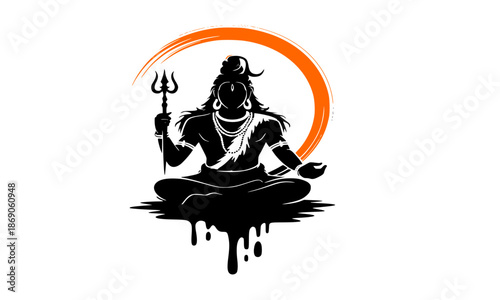 Lord Shiva meditating silhouette with orange brush stroke halo and Trishul, Hindu god Mahadev spiritual vector illustration, Maha Shivaratri religious art isolated on white background