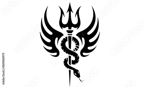 Black Tribal Trishul with Wings and Coiled Snake Tattoo Design, Lord Shiva Symbol Vector Illustration, Powerful Mahadev Trident Icon for Spiritual Body Art, Protection and Strength Emblem