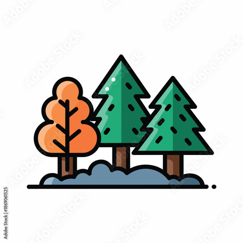 A cartoon illustration of three trees with two green conifers and one orange deciduous tree standing on a snowy ground