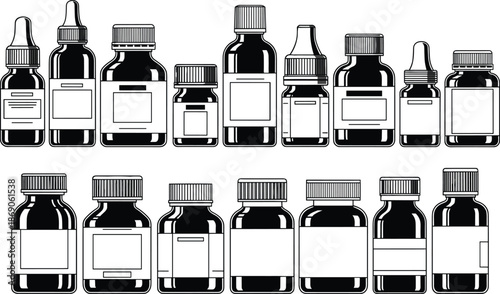 Black and white vector illustration of pharmaceutical glass bottles, dropper jars and medicine containers for healthcare, medical packaging mockup, pharmacy.