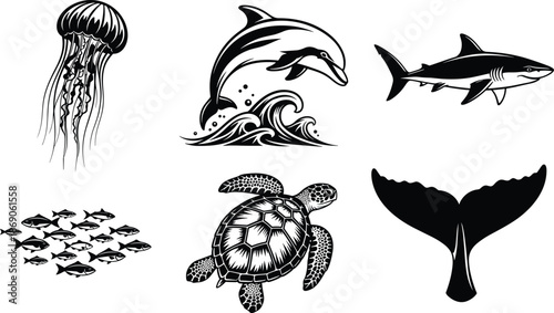 Black and white vector illustration set of marine animals including dolphin, shark, sea turtle, jellyfish, whale tail, and school of fish.