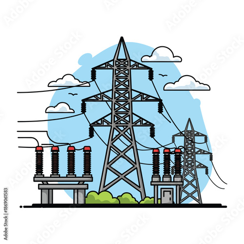 A cartoon illustration of a pair of large electricity pylons with insulators and wires