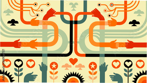 Stylized illustration of interconnected hands and symbols