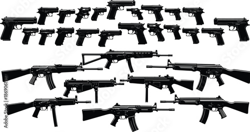 Black silhouette vector set of modern handguns and assault rifles, tactical firearms and military weapons isolated on white background, gun.