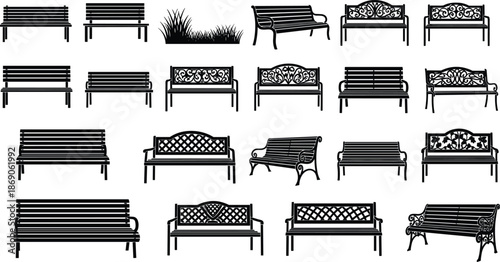 Black silhouette vector set of park benches, diverse garden seating designs, outdoor furniture icons for public spaces, isolated, wood, metal.