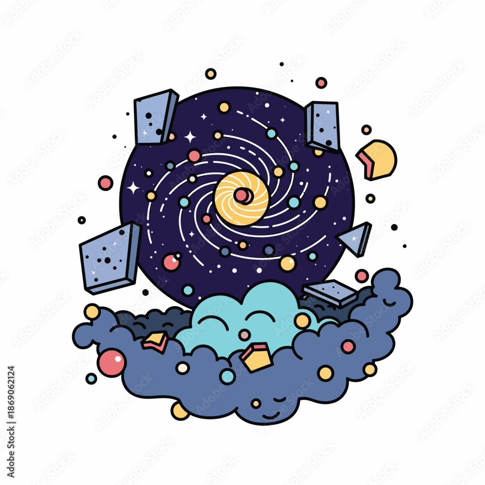 Obraz premium A whimsical cartoon illustration of a swirling galaxy with colorful planets and stars, surrounded by floating blocks and clouds