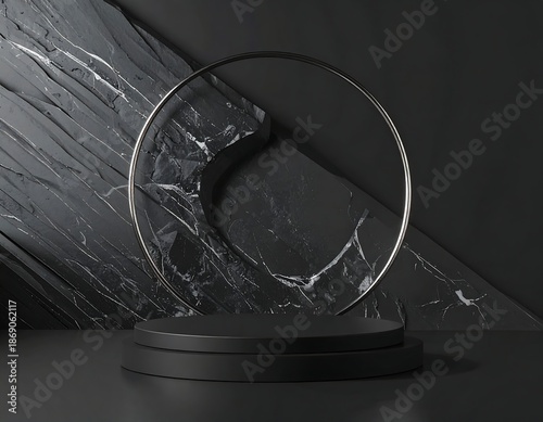 A sleek, elegant studio shot features a dark podium with a silver circle accentuating a black marble backdrop. The lighting highlights textures